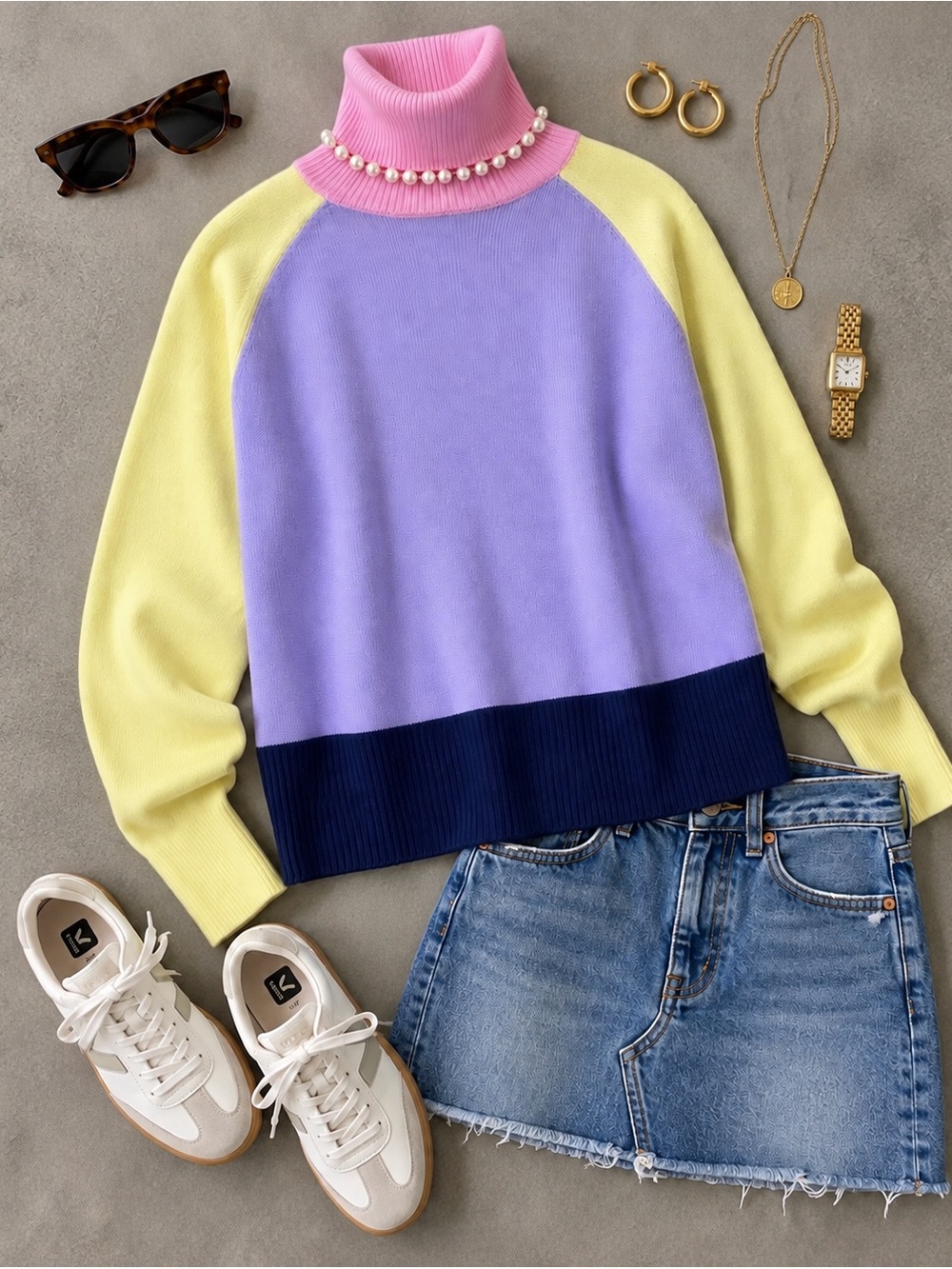 Olivia Rubin Clemmie Pearl Turtleneck Sweater Pastel Colorblock S NWT